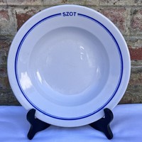 Zsolnay kék csíkos SZOT feliratos porcelán mélytányér 23.5 cm - vállalati porcelán
