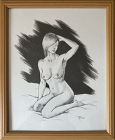 Female nude ink drawing in frame - 27*33 cm