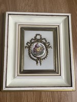 Baroque scenic porcelain picture on a brass base in a wooden frame, beautiful.