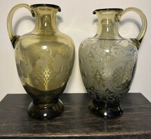 2 large antique, handmade, blown-torn, smoke-colored, acid-etched glass jugs in perfect condition