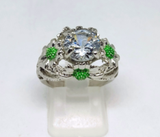 925-S silver plated ring, cz stone, green-toned daisy decoration