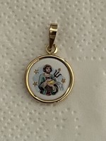Gold horoscope pendant, Aquarius zodiac sign, fire enamel