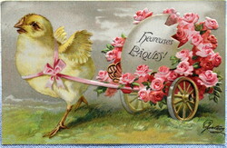 Antik dombornyomott Húsvéti üdvözlő képeslap  csibe rózsás tojás kordé 1906ból