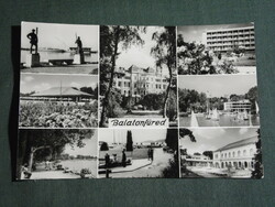 Postcard, Balatonfüred, mosaic details, heart hospital, Révés fisherman statue, promenade, restaurant, hotel