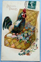 Antik dombornyomott Húsvéti üdvözlő képeslap   kakas tojásokkal  1909ből