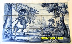 Don Quijote harca a szélmalommal,  azulejo, kézzel festett csempekép 75 x 45 cm
