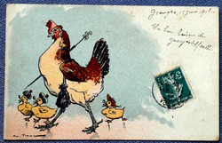 Antique greeting card hen lady with ducklings advertising on the back from 1912