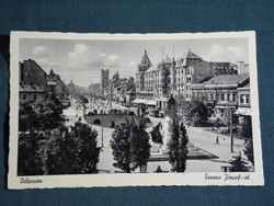 Képeslap, Debrecen, Ferenc József út,látkép, emlékmű, villamos, szálló