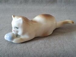 Rarer! Zsolnay porcelain figurine of a cat playing with a blue ball