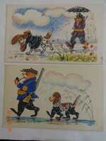 Két régi, postatiszta grafikus orosz képeslap együtt: vadász kutyájával