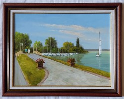 Lantos György "Balatonföldvár, bejárat a Galamb-szigetre" festmény keretben