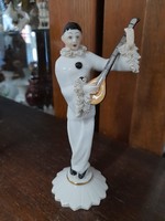 Alt Német,Germany Volkstedt 1900-1936 Porcelán Zenélő Bohóc,Pierot,Clown Figurális Szobor. 14 cm.