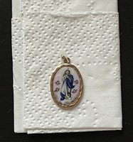 Antique gold Virgin Mary pendant, fire enamel, porcelain