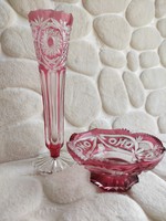 Pink faceted crystal base vase and bowl with lip swirl pattern. The legacy of photographer G.