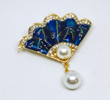 Gold-plated, blue enameled, bamboo-patterned fan brooch-pendant 15