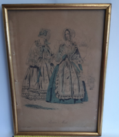 Antik színezett rézkarc, litográfia, grafika arany keretben.17x24 cm Pariser Mode 1842 XXII