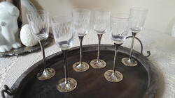 6 old polished glass glasses with a long metal stem.