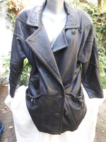 Valódi Bőr fekete béléses zsebes Jó fazonú téli kabát 44-46 Szép termék