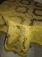 Beautiful fringed silk brocade tablecloth with baroque pattern