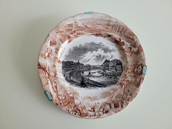 Antik fajansz fali tányér majolika Ferdinánd híd utcakép falidísz 20 cm