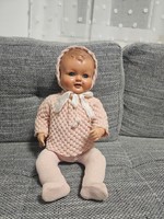 Antik alvós sírós baba – üveg szemű, szemforgató, 55 cm