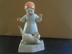 Old Zsolnay porcelain little girl with a ball-playing kitten, designed by András Sinkó, rarer colors 14.5 cm