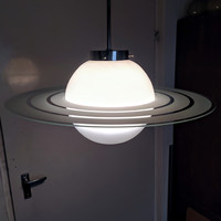 Refurbished art deco nickel-plated wedding lamp - milk glass shade + acid-etched glass disc (Saturn)