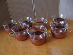 Retro jénai üveg teás, kávés, forralt boros készlet kannával, 7 pohár réz tartóban