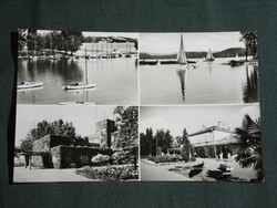 Postcard, Balaton Castle, mosaic details, resorts, pier, harbor, sailing ship