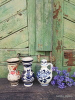 3 antique Korund ceramic small jugs with a bird in them