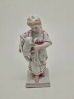 Német antik porcelán figura kislány macskával 13cm