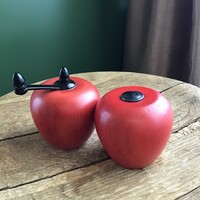 Old wooden apple-shaped pepper mill with salt shaker, in new condition