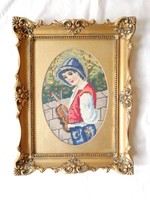 Antik régi arany Blondel képkeret ovális paszpartuval, benne goblein kép, 33,5x43 cm