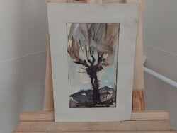 (K) Petkes József magányos fa festmény 20x31 cm paszpartuval
