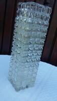 Retro, öntött, csiszolt üveg váza, nagyobb méretű, 22 cm