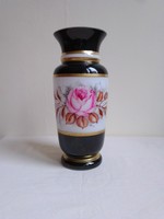 Gold-plated hand-painted two-layer black Czech glass vase with floral pattern rose flawless 28 cm