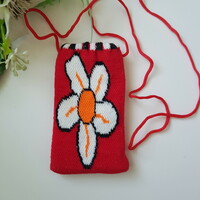 New, flower-patterned, red, retro textile phone case with a cord that can be hung around the neck