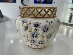 Zsolnay búzavirág mintás áttört nagy váza kaspó porcelán