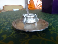 Patinated silver-plated spice holder with glass insert, small silver-plated tray and silver-plated small spoon