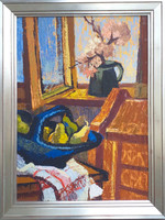 Mustó János (1934 - 2012) : Virág és gyümölcs az ablakban