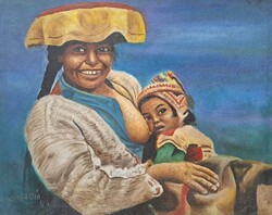 Motherhood - colored woman with child (oil, canvas) signed - eulogia mark