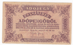 Adójegy Egyszázezer Adópengőről 1946-ból