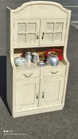 Antique old 83 cm high wooden toy kitchen furniture sideboard with complete equipment and shelves, perhaps exam work