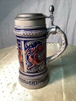 Figural ceramic beer mug with tin lid 24 cm.