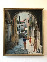Children playing ball on Mediterranean street, oil on wood fiber painting in a gold frame, 50 x 59 cm