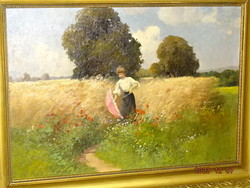 Gy. Zorkóczy (nagyrőce, gömör 1873- Bp. 1932): Lady with parasol among colorful flowers (wheat panel
