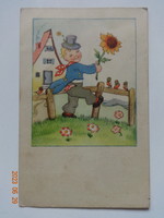 Régi grafikus üdvözlő képeslap, fiú napraforgóval