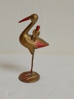 Antique old lead statue figure painted gold, stork with small child, baby shower gift, 9.5 cm
