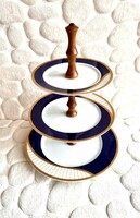 Three-tiered Czech Karlovatzky porcelain tray with a steel blue and gold geometric pattern
