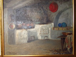 Mészáros Jenő (1883 - ) "Békési füstös konyha" olaj-vászon csendélet, 58 x 68 cm.